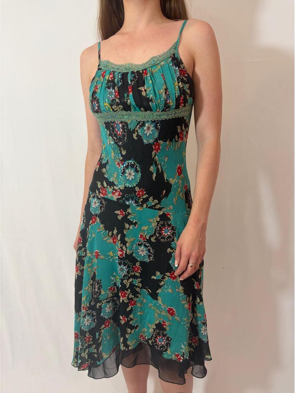 Blue Floral Paisley Mesh Fairy Sequin Silky Vintage Midi Dress